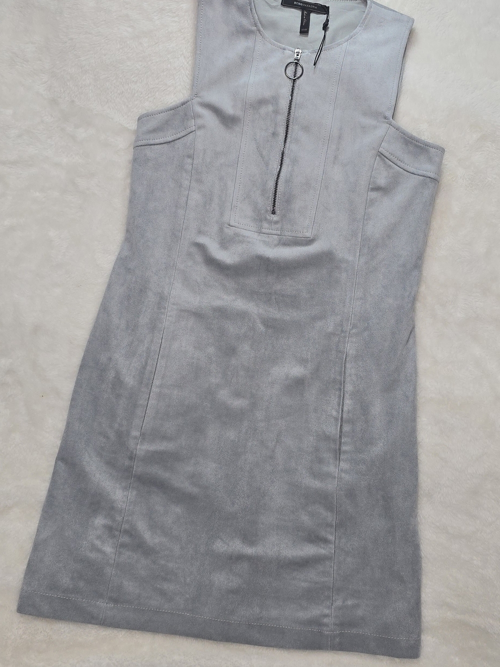 BCBGMAXAZRIA Sleeveless Faux Suede Half Zip Mini Dress Ice Grey XXS